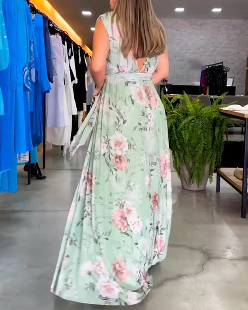 Barbara® | Elegant V-neck sleeveless dress with floral print