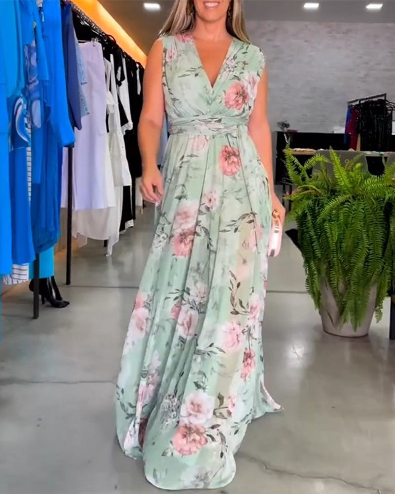 Barbara® | Elegant V-neck sleeveless dress with floral print