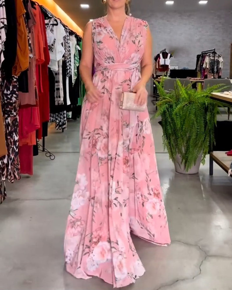 Barbara® | Elegant V-neck sleeveless dress with floral print