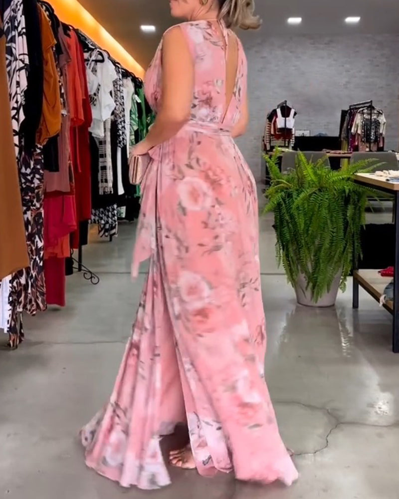 Barbara® | Elegant V-neck sleeveless dress with floral print
