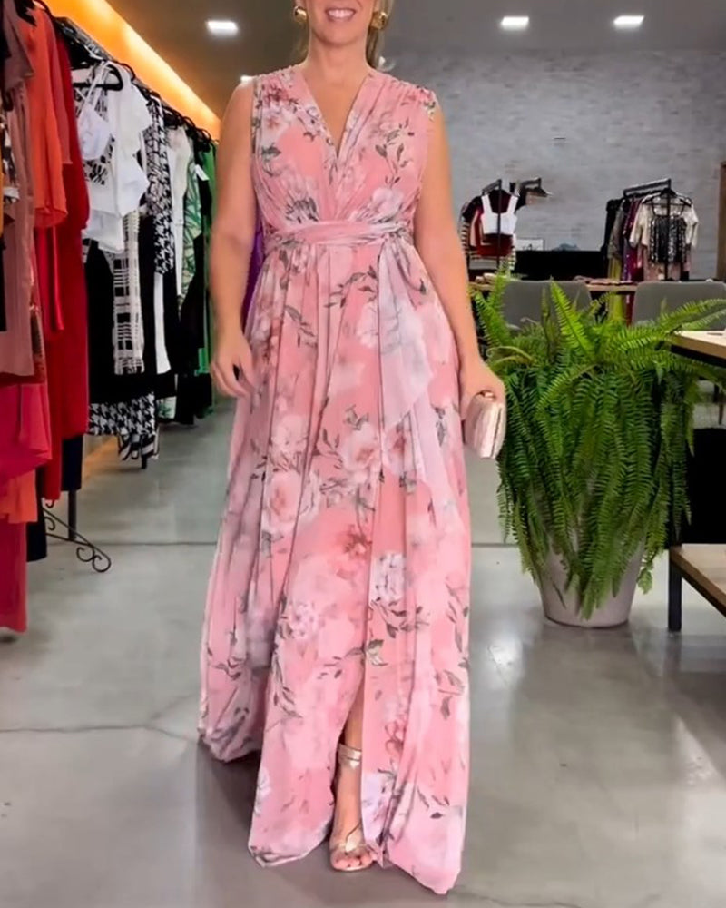 Barbara® | Elegant V-neck sleeveless dress with floral print