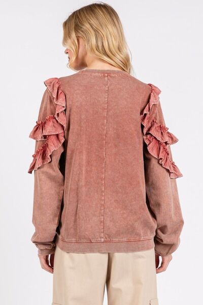 Adelaida® | Ruched, mineral-washed long-sleeve crew neck sweatshirt