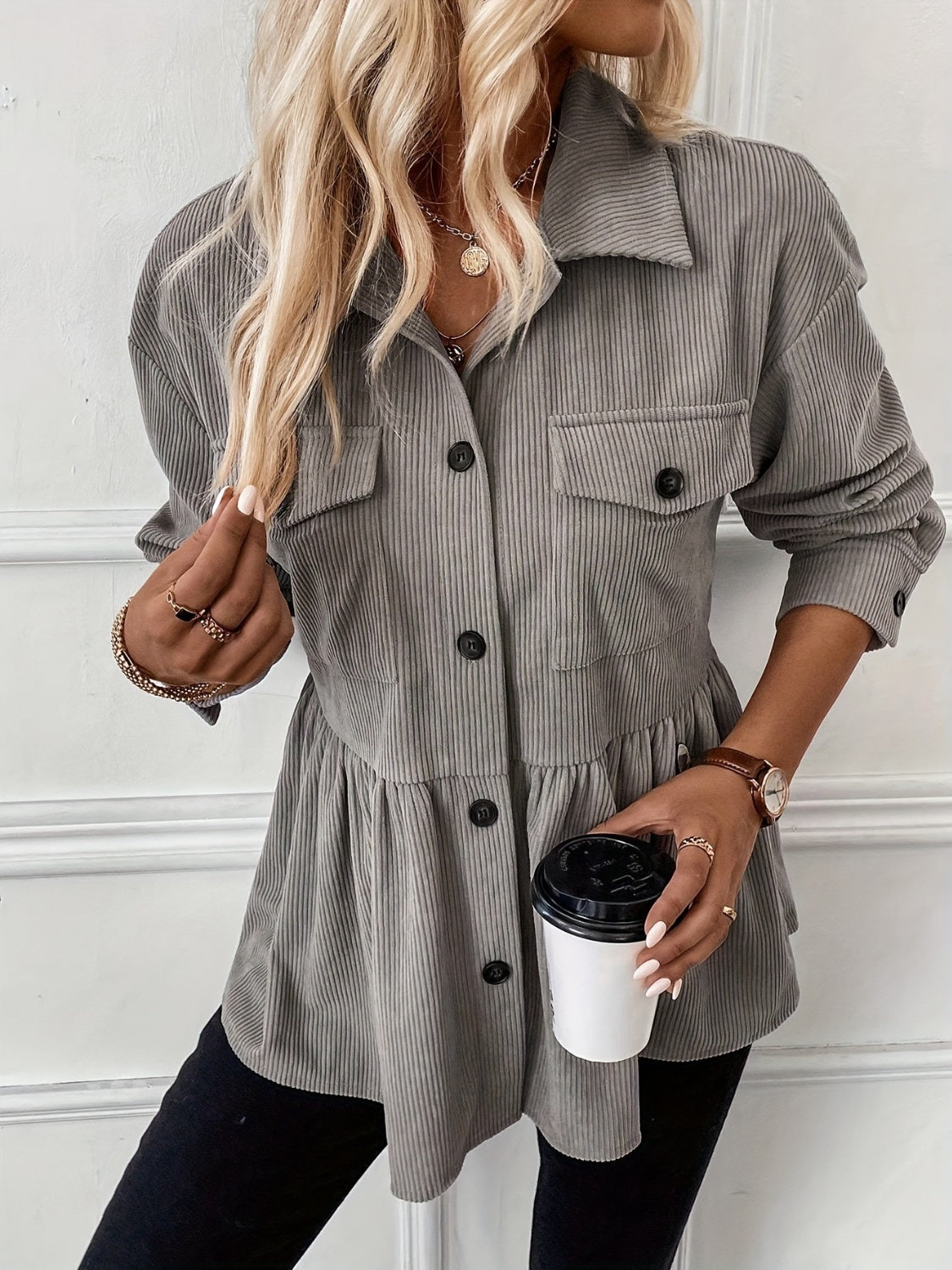 Angela® | Corduroy peplum jacket with buttons