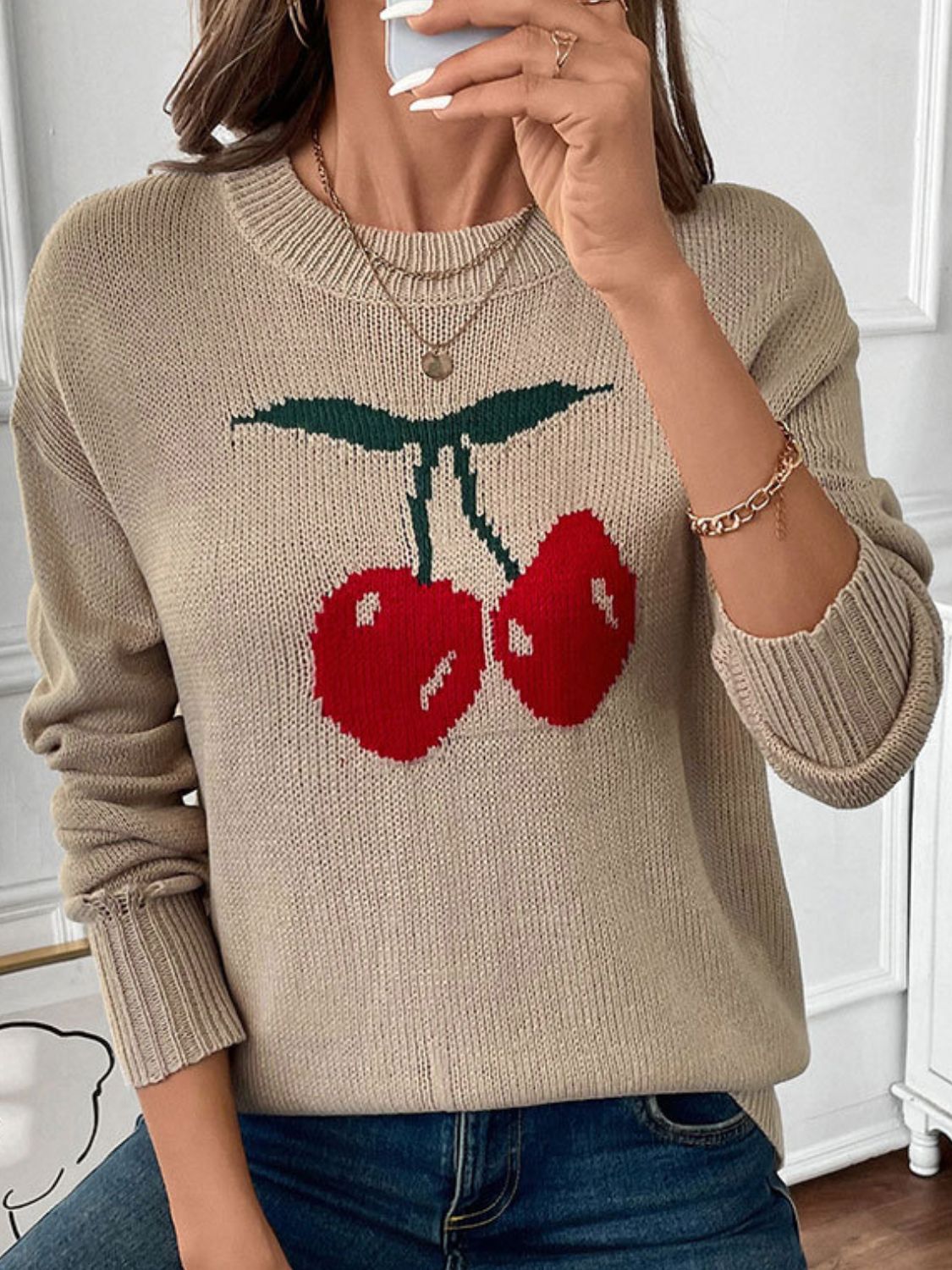 Cintia® | Perfee Cherry crew neck long sleeve sweater