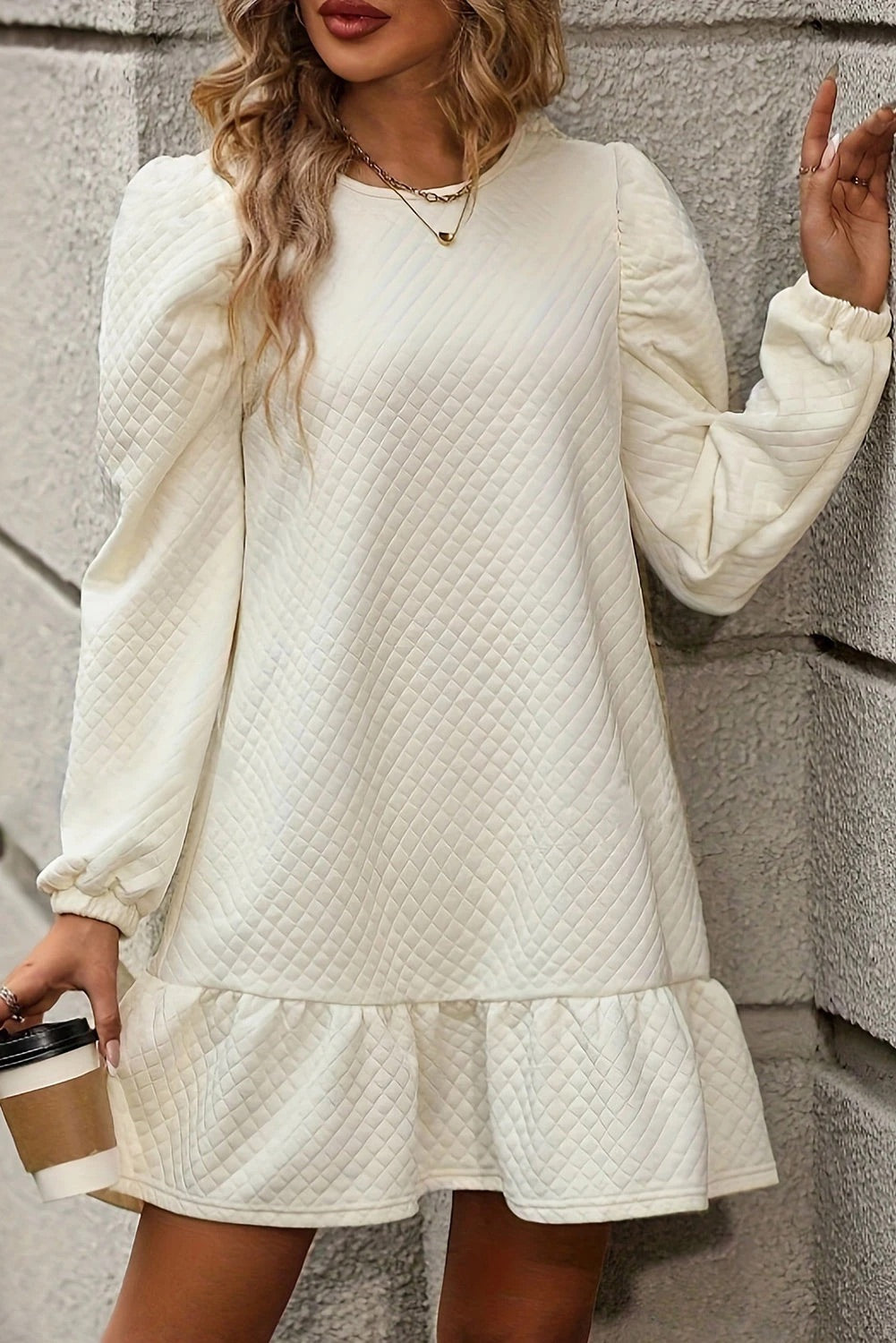 Ariana® | White structured mini dress with ruffle hem and grid pattern