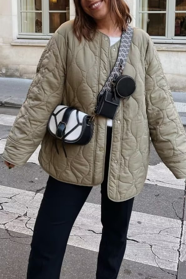 Casandra® | Solid Color Loose Round Neck Quilted Jacket