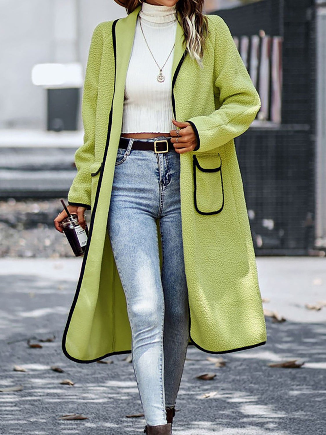 Claudia® | Full size long sleeve coat with contrast trim and pockets