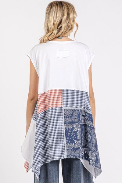 Elena® | Patchwork top with a crew neck and cap sleeves in a mineral wash