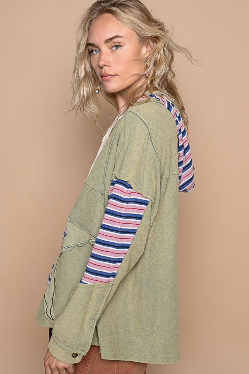 Carla® | French terry hoodie with star patchwork and raw edges