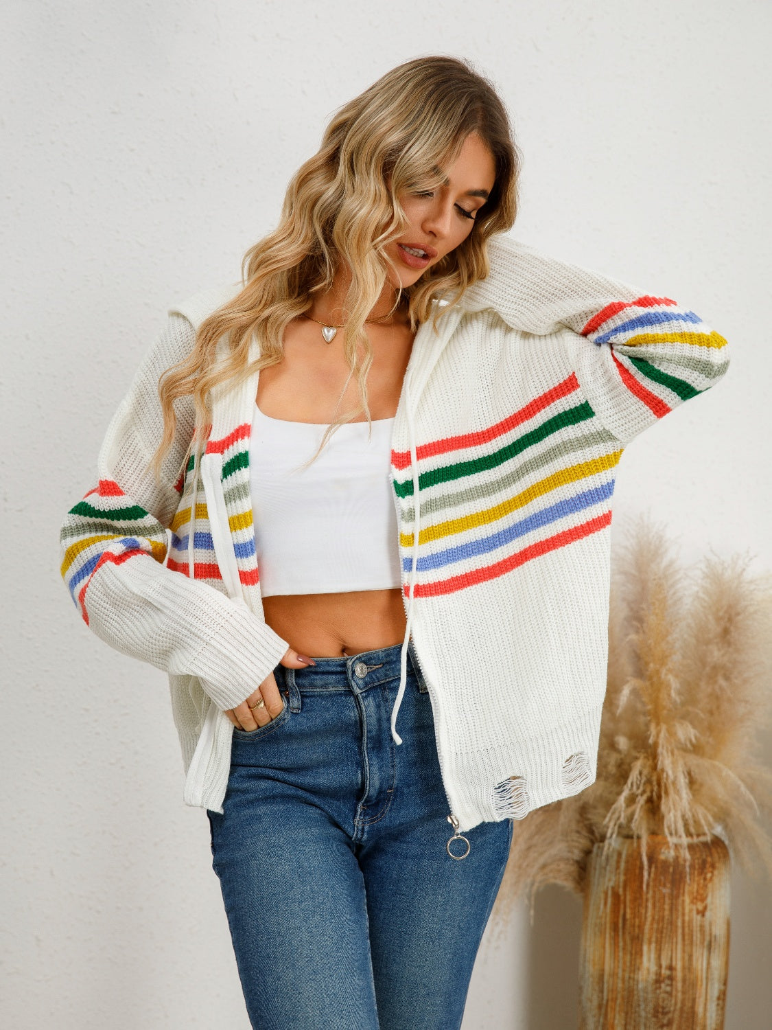 Clara® | Striped cardigan with hood and dropped shoulders and drawstring
