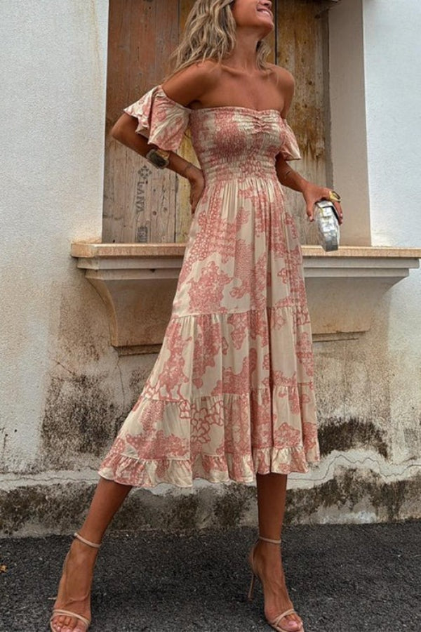 Alexandra® | Unique off shoulder smocked layered midi dress with ruffle sleeves