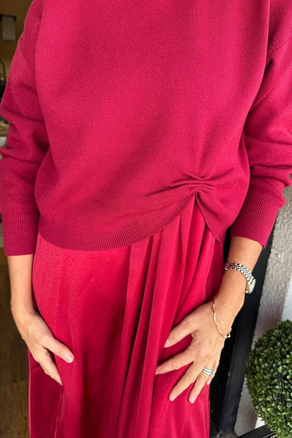 Alba® | Practical Fashion Knit Ruched Sweater and Satin Stretch Tank Midi Dress Two-piece Set