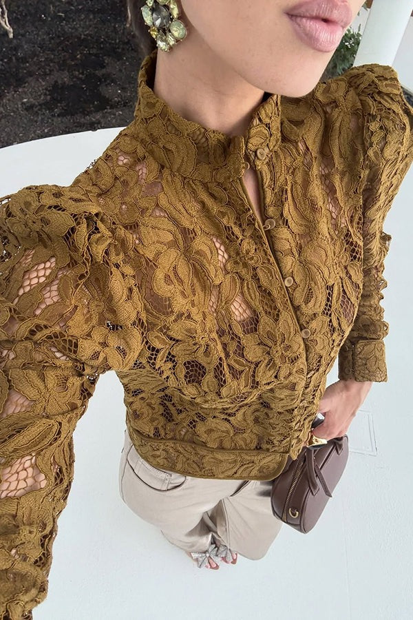 Daniela® | Palace Style Crochet Flower Lace Stand Neck Button Puff Sleeve Jacket