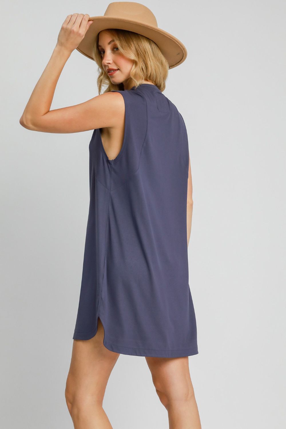 Beatrice® | Sleeveless mini dress with a round neckline and a high, low, curved hem