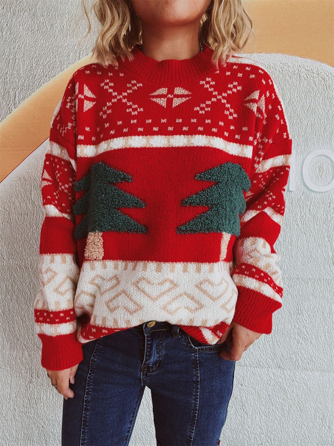 Annelies® | Long-sleeved Christmas tree sweater with stand-up collar