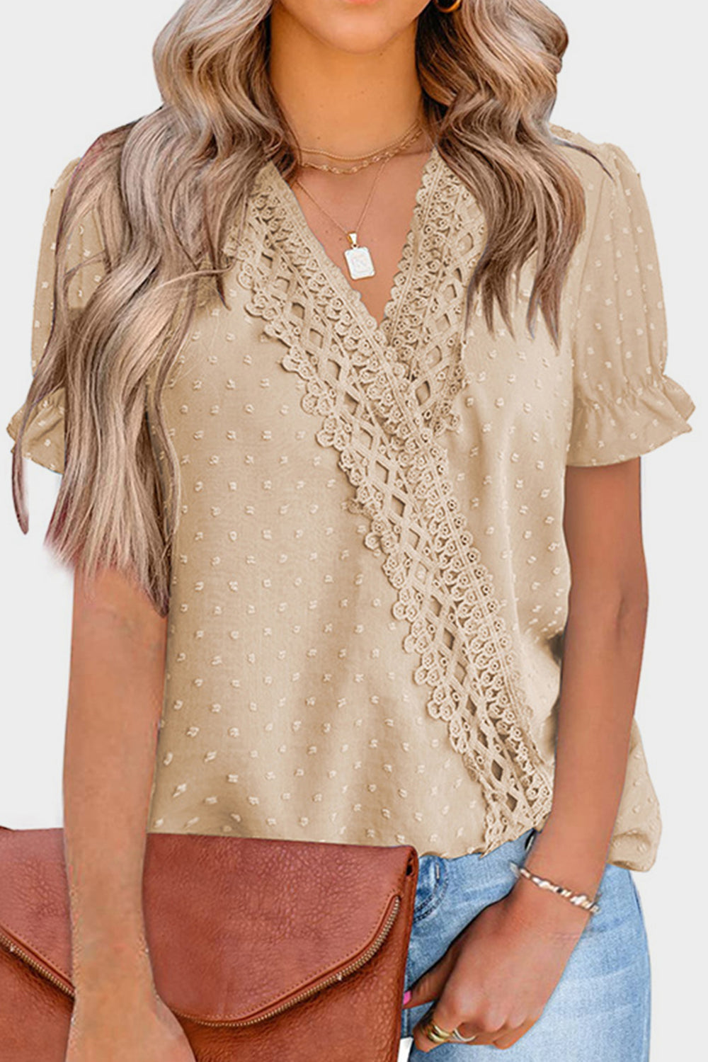 Azul® | Short sleeve blouse with V-neck and Swiss Dot lace detail