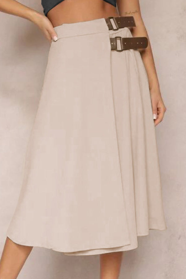 Angelica® | Solid color fashion skirt with leather stitching, elegant and artistic retro skirt for women