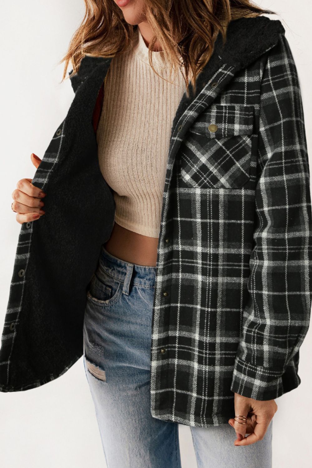 Brigida® | Checked button down long sleeve hooded jacket