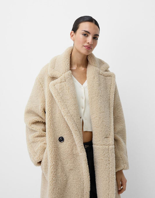 Women’s Teddy Coat – Oversized Fit – Faux Shearling – Double-Breasted – Long Length