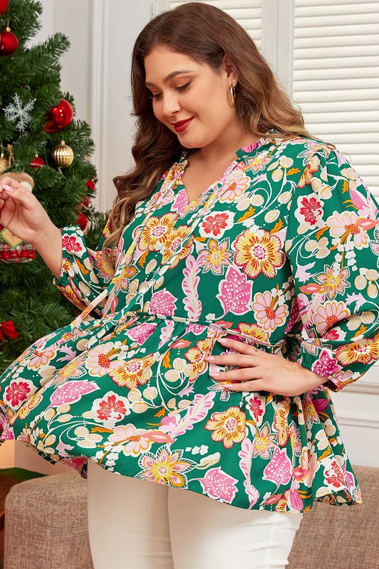 Dominique® | Plus size long sleeve babydoll top with tied V-neck