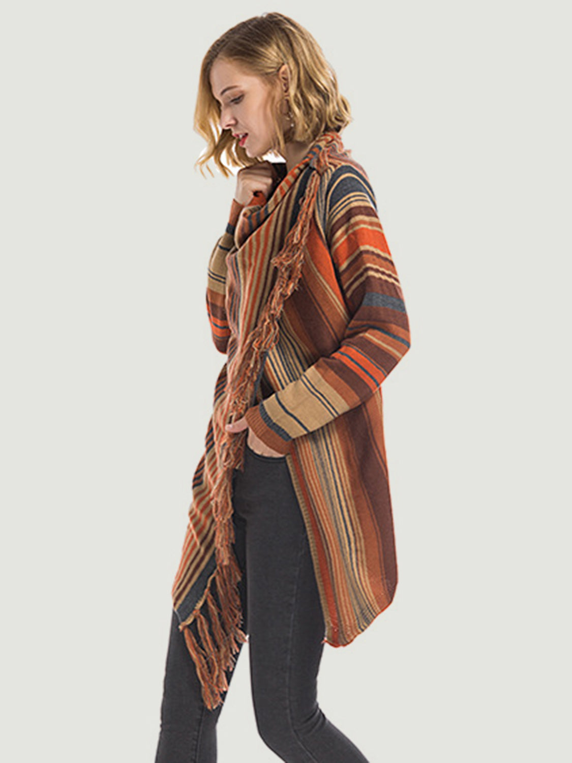 Dagny® | Long sleeve cardigan with tassel stripes and open front