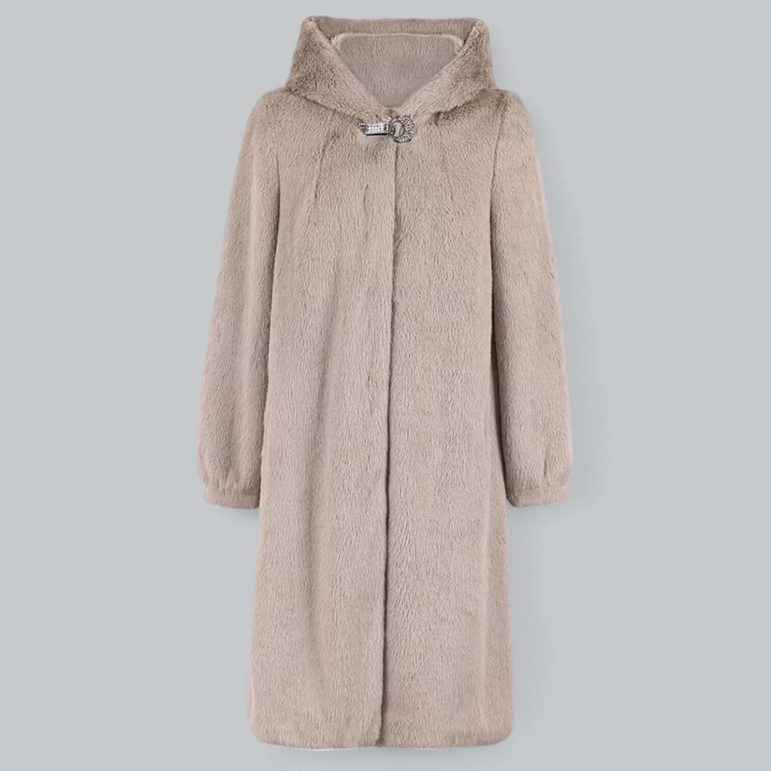 Women’s Faux Fur Coat – Tailored Fit – Knee Length – Hooded with Clasp Closure