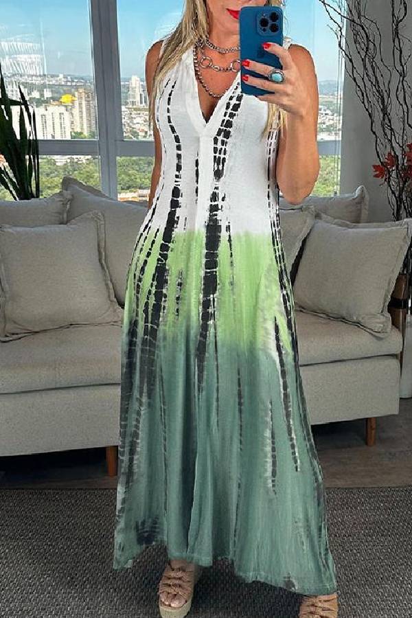 Aurora® | Color block print sleeveless V-neck maxi swing dress