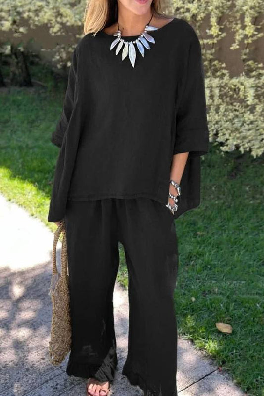 Claudia® | Casual solid color loose cotton linen top and pants two piece set