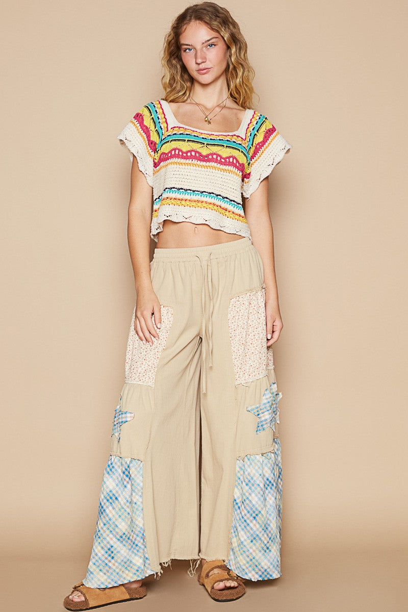 Dominique® | Short knitted top with an openwork ethnic pattern and a square neckline