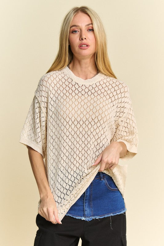 Alicia® | Side slit, openwork crew neck knit cover with half sleeves