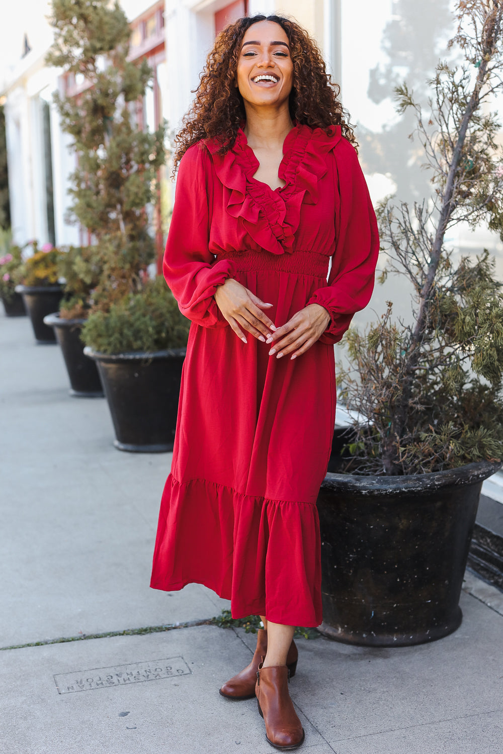 Aurelia® | Beautiful You Holiday Red midi dress with overlapping ruffles and V-neck