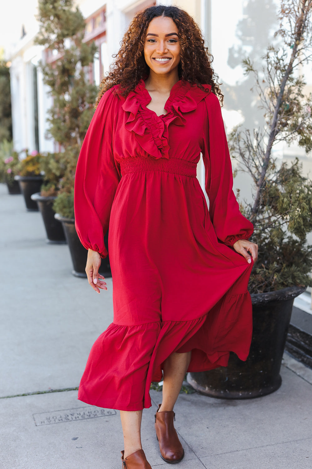 Aurelia® | Beautiful You Holiday Red midi dress with overlapping ruffles and V-neck