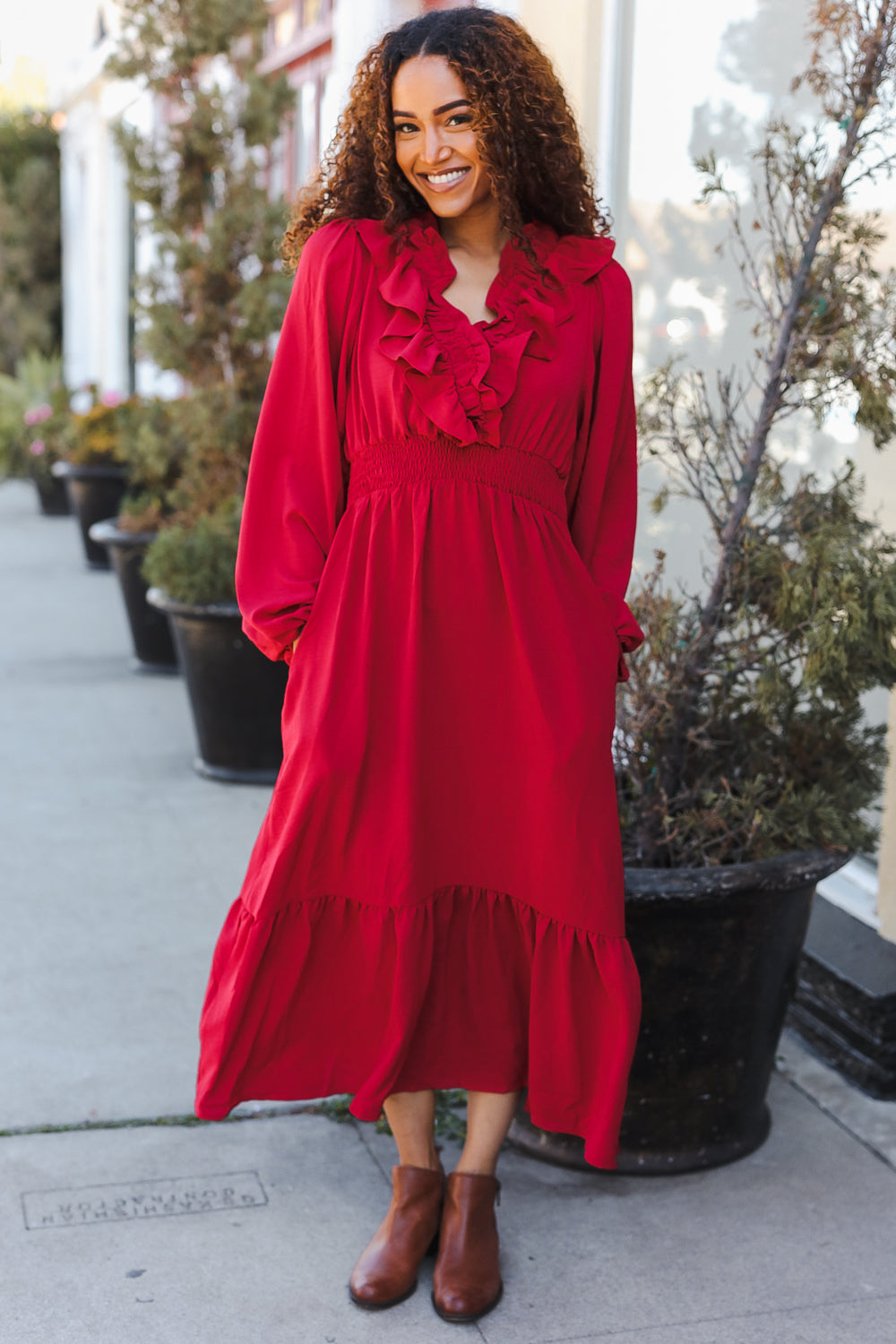 Aurelia® | Beautiful You Holiday Red midi dress with overlapping ruffles and V-neck