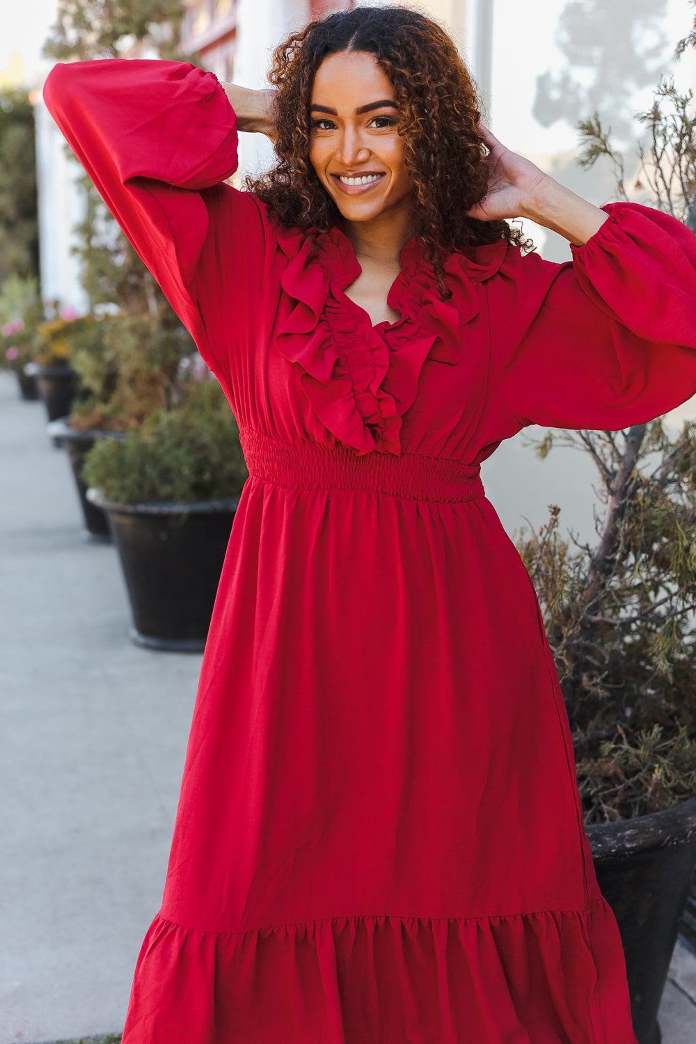 Aurelia® | Beautiful You Holiday Red midi dress with overlapping ruffles and V-neck