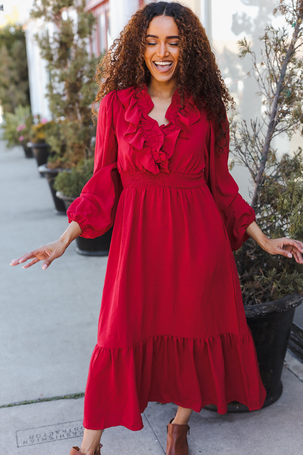 Aurelia® | Beautiful You Holiday Red midi dress with overlapping ruffles and V-neck