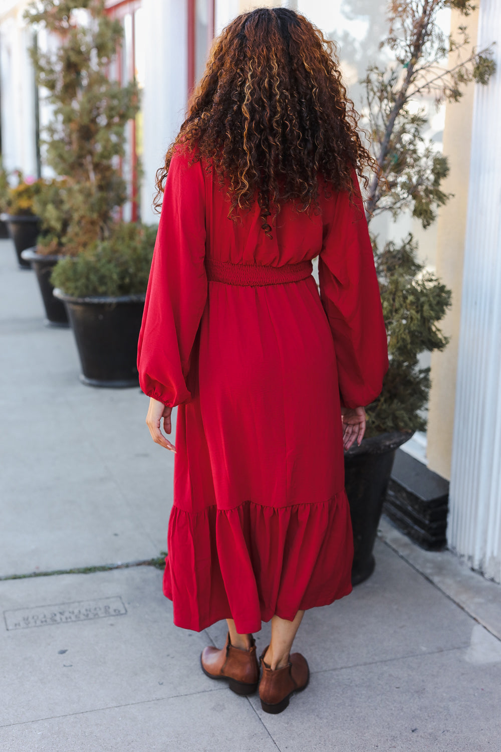 Aurelia® | Beautiful You Holiday Red midi dress with overlapping ruffles and V-neck