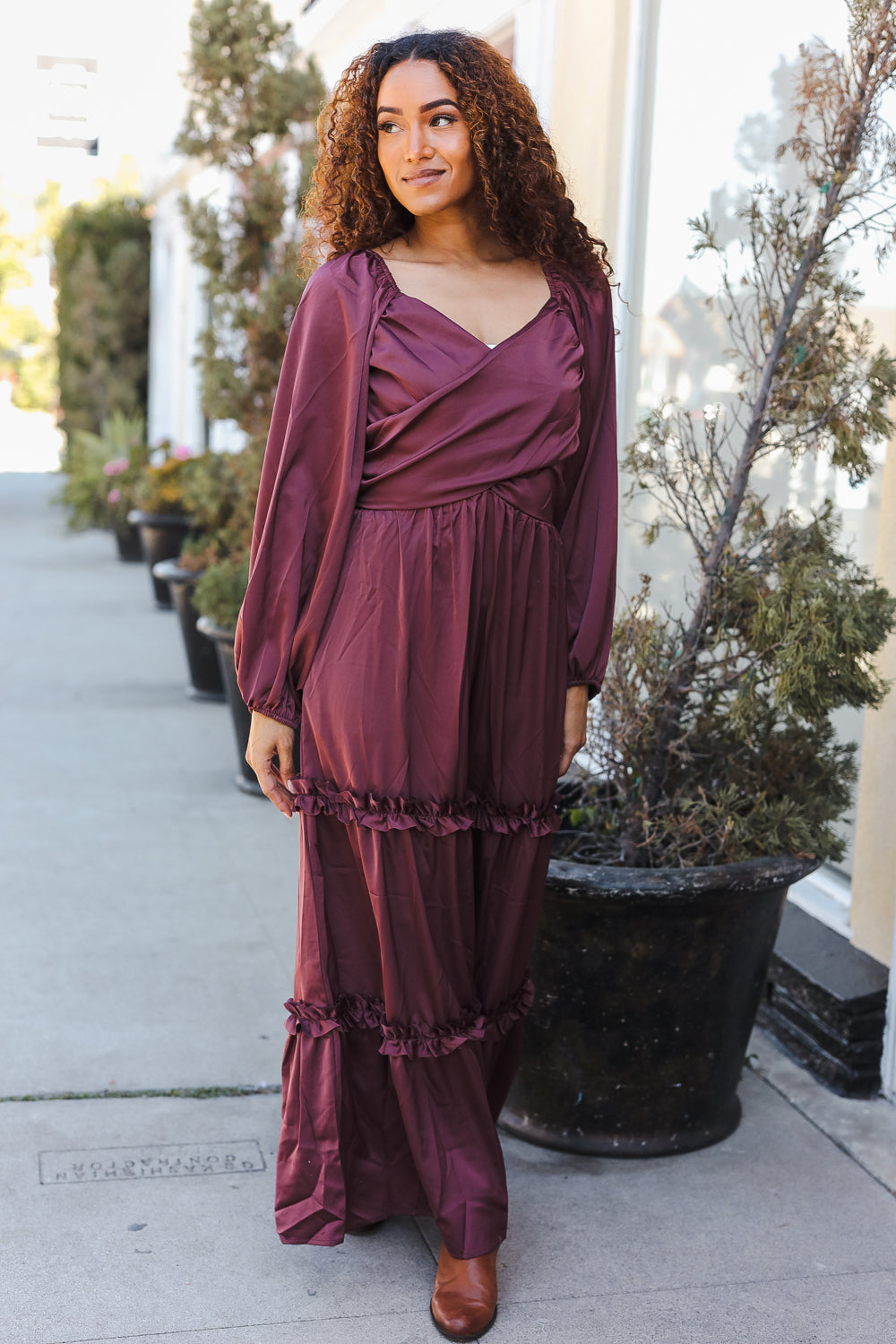 Blythe® | Holiday Vibes Burgundy satin overlap front maxi dress with smocked back