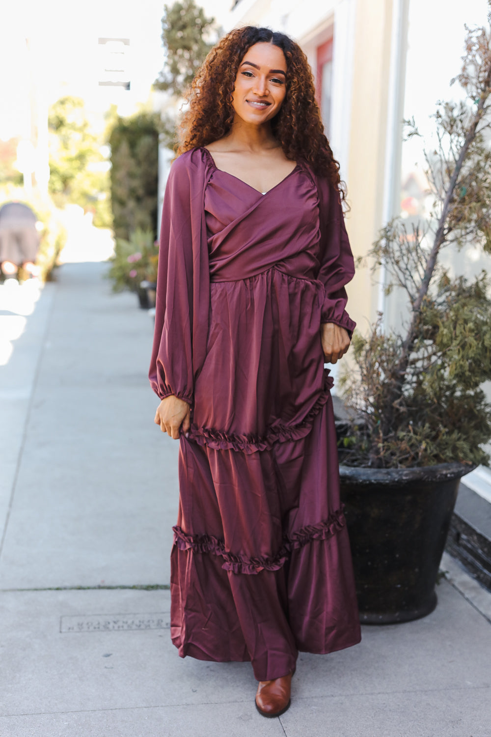 Blythe® | Holiday Vibes Burgundy satin overlap front maxi dress with smocked back