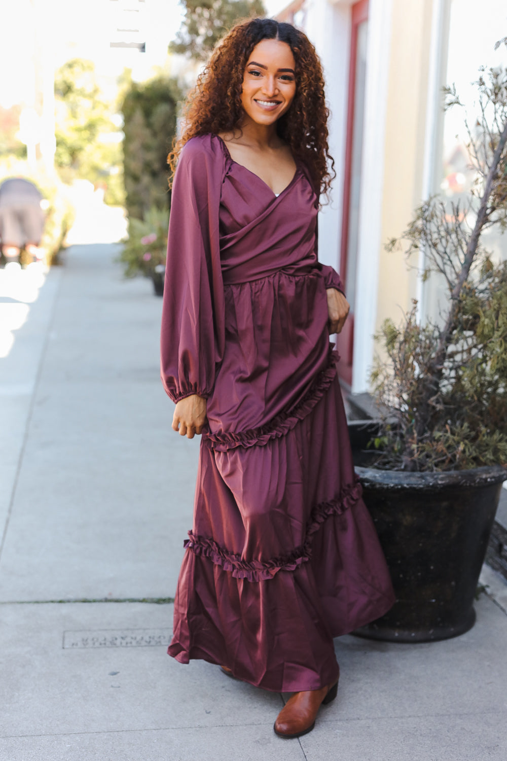Blythe® | Holiday Vibes Burgundy satin overlap front maxi dress with smocked back