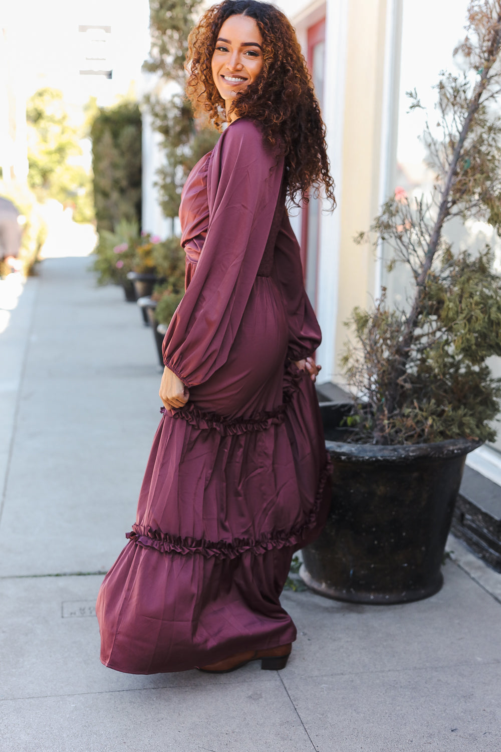 Blythe® | Holiday Vibes Burgundy satin overlap front maxi dress with smocked back