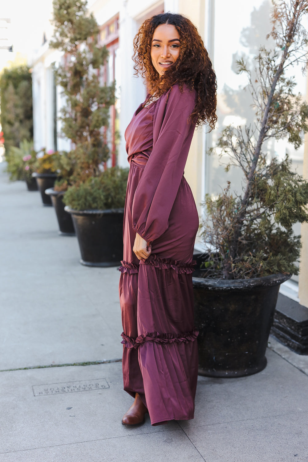 Blythe® | Holiday Vibes Burgundy satin overlap front maxi dress with smocked back