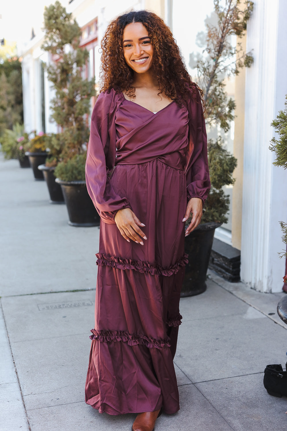 Blythe® | Holiday Vibes Burgundy satin overlap front maxi dress with smocked back