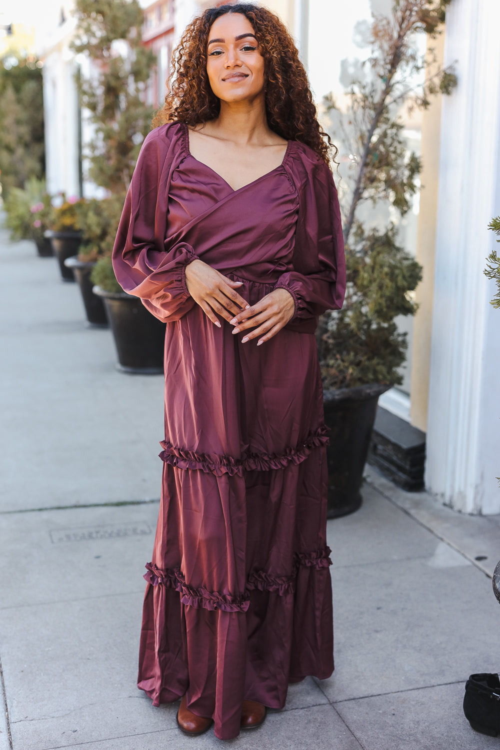 Blythe® | Holiday Vibes Burgundy satin overlap front maxi dress with smocked back