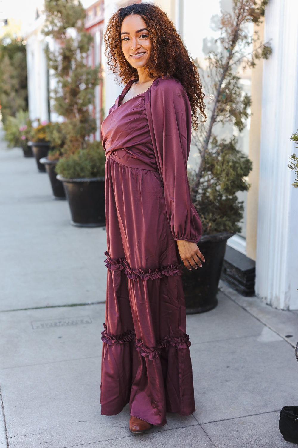 Blythe® | Holiday Vibes Burgundy satin overlap front maxi dress with smocked back