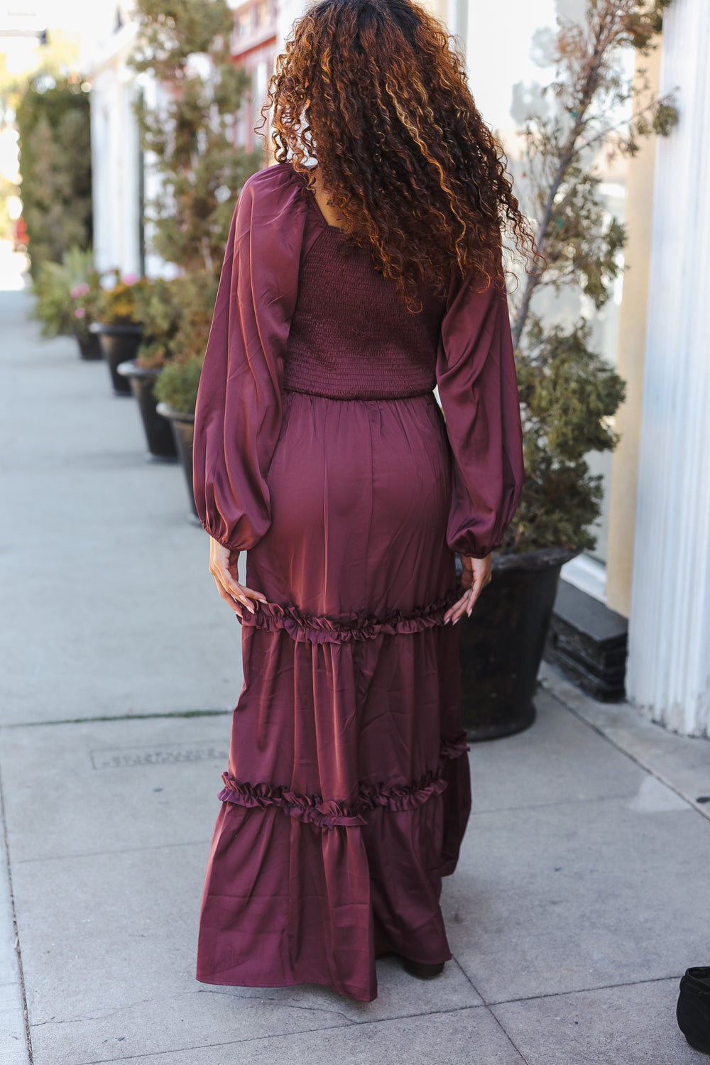 Blythe® | Holiday Vibes Burgundy satin overlap front maxi dress with smocked back