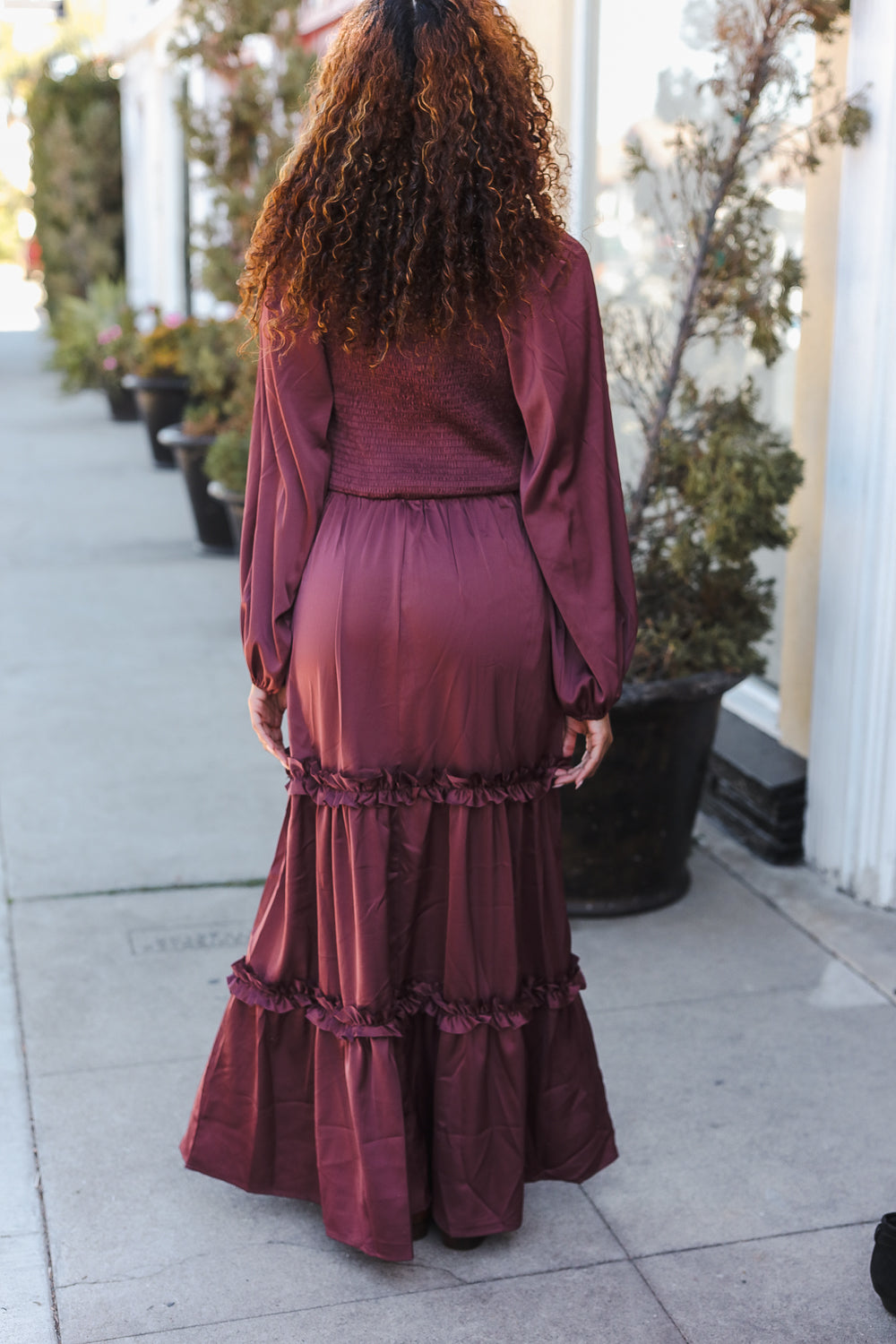 Blythe® | Holiday Vibes Burgundy satin overlap front maxi dress with smocked back
