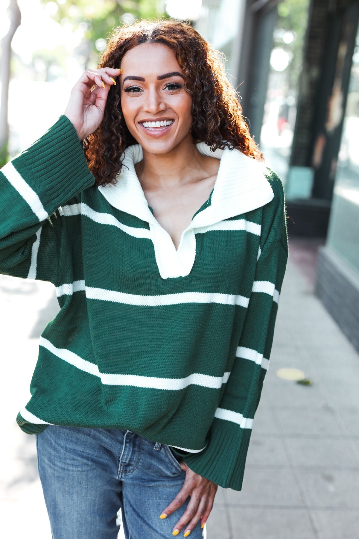 Anita® | Fall For You hunter green striped oversized sweater with notched collar