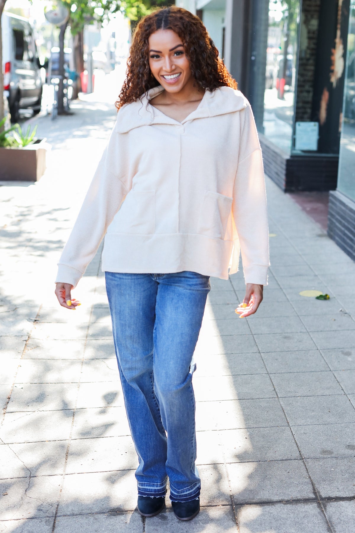 Anke® | Easy Living oatmeal knit sweater with a notched neckline and oversized collar