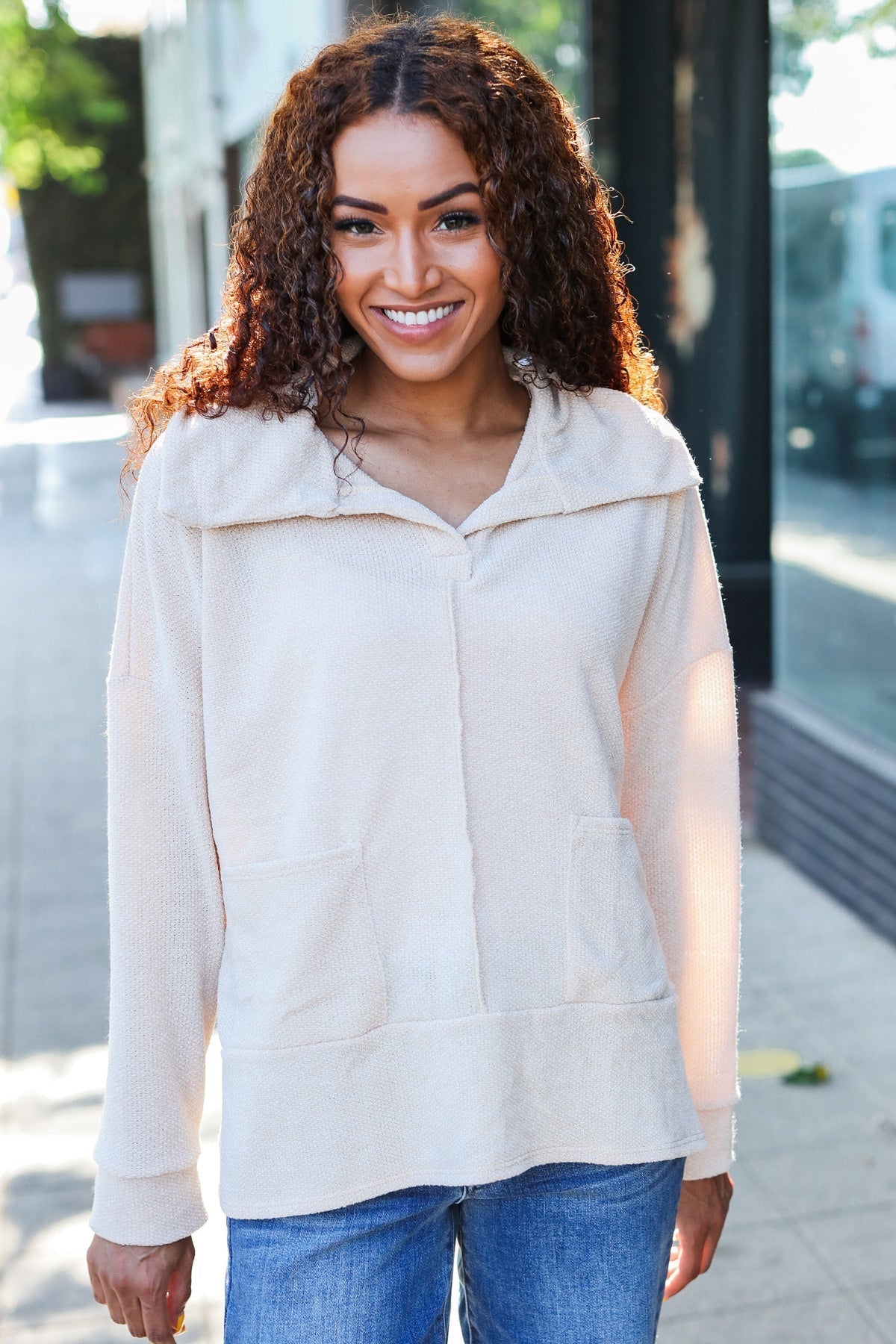 Anke® | Easy Living oatmeal knit sweater with a notched neckline and oversized collar