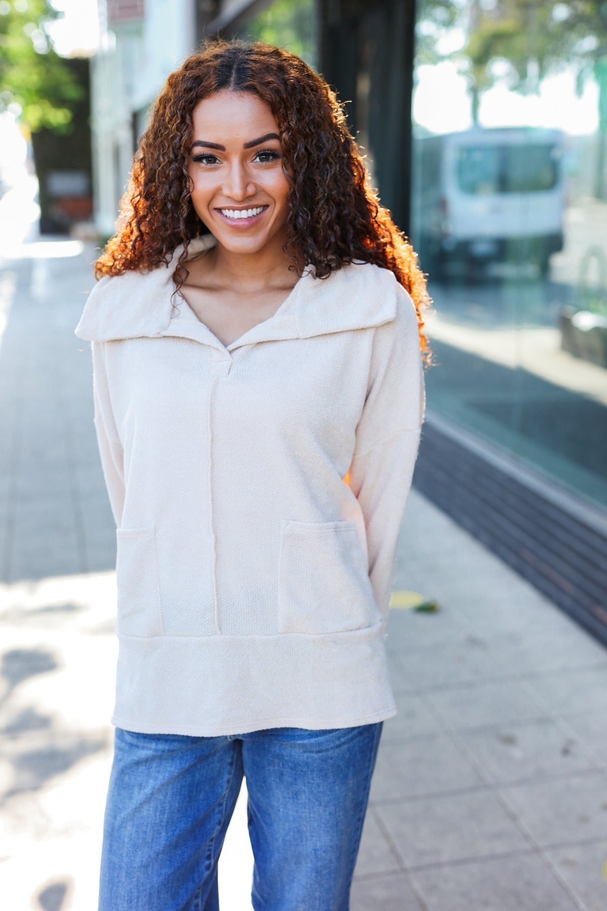 Anke® | Easy Living oatmeal knit sweater with a notched neckline and oversized collar